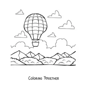 Coloring page of a hot air balloon flying between mountains