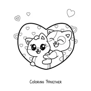 Coloring page of two cute cats in love surrounded by hearts