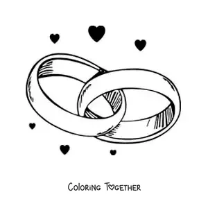 Coloring page of intertwined engagement rings with hearts