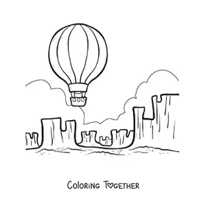 Coloring page of a hot air balloon flying over the desert