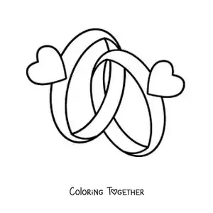 Coloring page of interlocking wedding rings with hearts