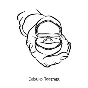Coloring page of a hand with an engagement ring in its heart-shaped box