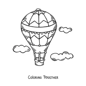 Coloring page of a hot air balloon flying in the sky