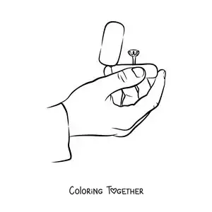 Coloring page of a hand with an engagement ring in its box