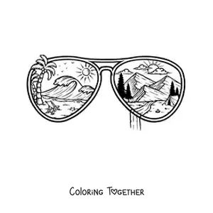 Coloring page of sunglasses with a landscape