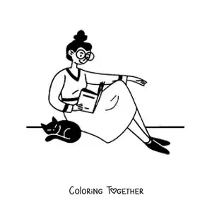 Coloring page of a girl with glasses sitting and reading next to her cat
