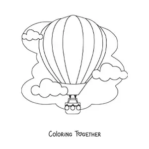 Coloring page of a hot air balloon among the clouds in the sky
