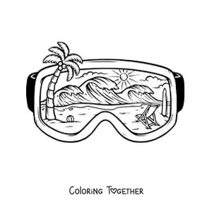 Coloring page of diving goggles with a beach landscape