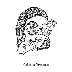 Coloring page of a beautiful girl with sunglasses and a beach landscape