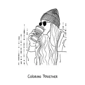 Coloring page of a tumblr girl with glasses and a beanie drinking coffee