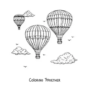 Coloring page of three hot air balloons in the sky
