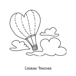 Coloring page of a heart-shaped hot air balloon in the sky
