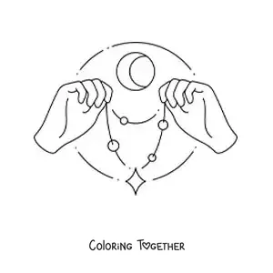 Coloring page of hands holding a beaded necklace