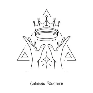 Coloring page of two hands with a crown