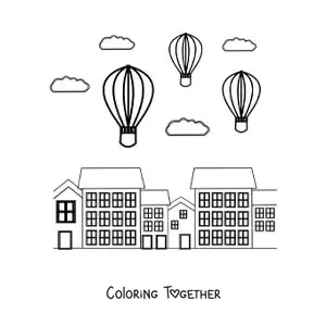 Coloring page of three hot air balloons flying over the city