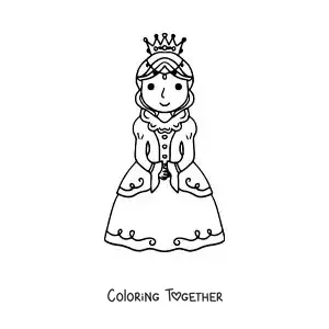 Coloring page of an animated queen with her crown