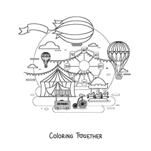 Coloring page of several hot air balloons flying over a fair