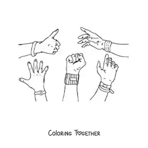 Coloring page of hands with bracelets and bangles