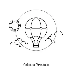 Coloring page of a hot air balloon in the sky in front of the sun