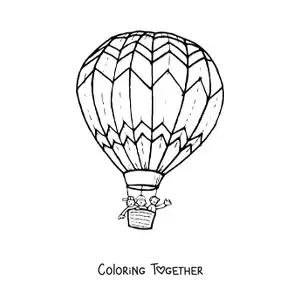 Coloring page of three kids flying in a hot air balloon