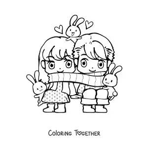 Coloring page of a kawaii couple with a scarf