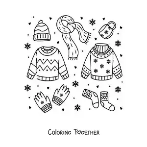 Coloring page of a scarf and winter clothes