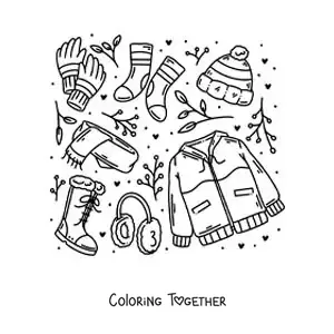 Coloring page of a winter coat with a hat and a scarf