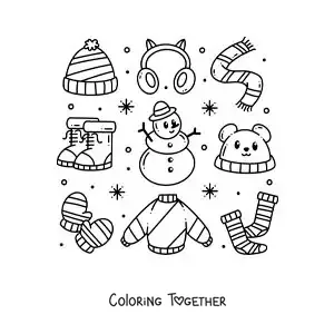 Coloring page of a snowman dressed in winter clothes