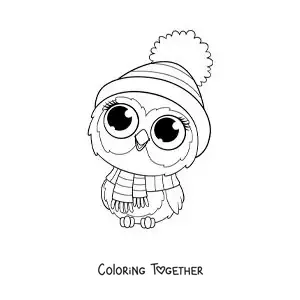 Coloring page of a cute cartoon owl wearing a scarf