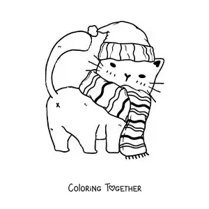 Coloring page of a cartoon kitten wearing a scarf