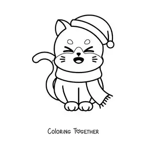 Coloring page of a cartoon cat with a scarf and a Christmas hat