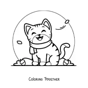 Coloring page of a cartoon cat with a scarf in autumn