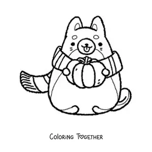 Coloring page of a cartoon cat with a scarf and a pumpkin in autumn