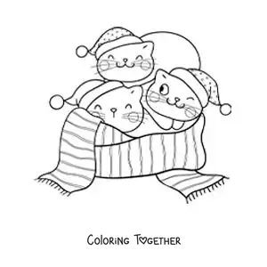 Coloring page of three cartoon cats on a Christmas scarf