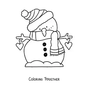 Coloring page of a cartoon snowman with a scarf and a hat