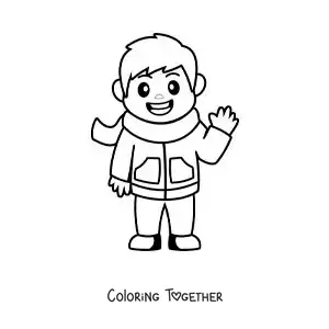 Coloring page of a cartoon boy wearing a scarf