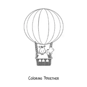 Coloring page of a cartoon hippo flying in a hot air balloon