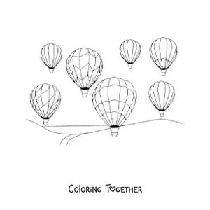 Coloring page of several hot air balloons in the air over a landscape