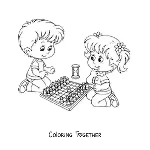 Coloring page of a boy and a girl playing chess
