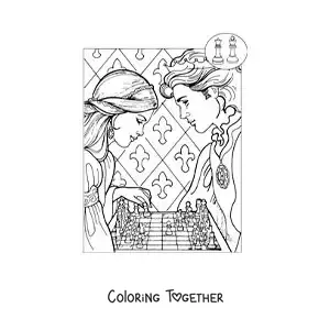 Coloring page of a princess and a prince playing chess