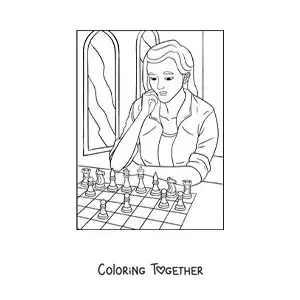 Coloring page of a girl playing chess
