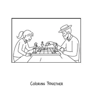 Coloring page of a girl playing chess with her grandfather