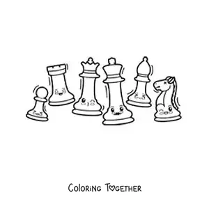 Coloring page of cute kawaii cartoon chess pieces