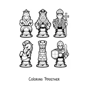 Coloring page of cartoon chess pieces