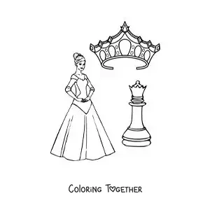 Coloring page of a chess queen piece with a crown and a cartoon queen