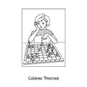 Coloring page of a girl playing chess