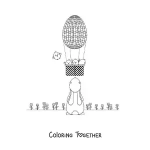 Coloring page of a cartoon rabbit and an Easter hot air balloon
