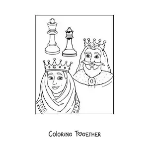 Coloring page of a chess queen and king piece with cartoon kings