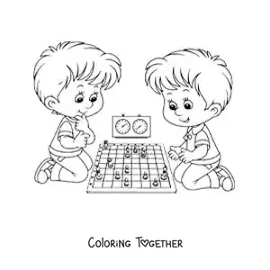 Coloring page of two children playing chess