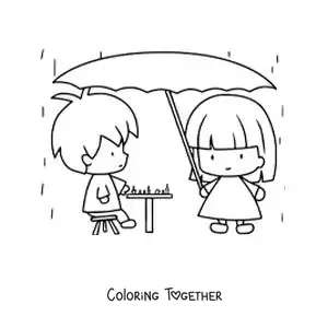 Coloring page of two cute kawaii cartoon kids playing chess in the rain